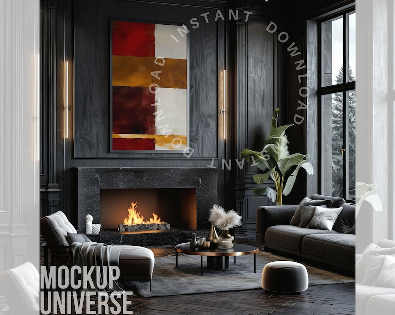 May include: A dark living room interior with a black fireplace, a black sofa, a chaise lounge, and a coffee table with a vase of dried flowers. A large abstract painting with red, yellow, and white colors hangs on the wall above the fireplace.
