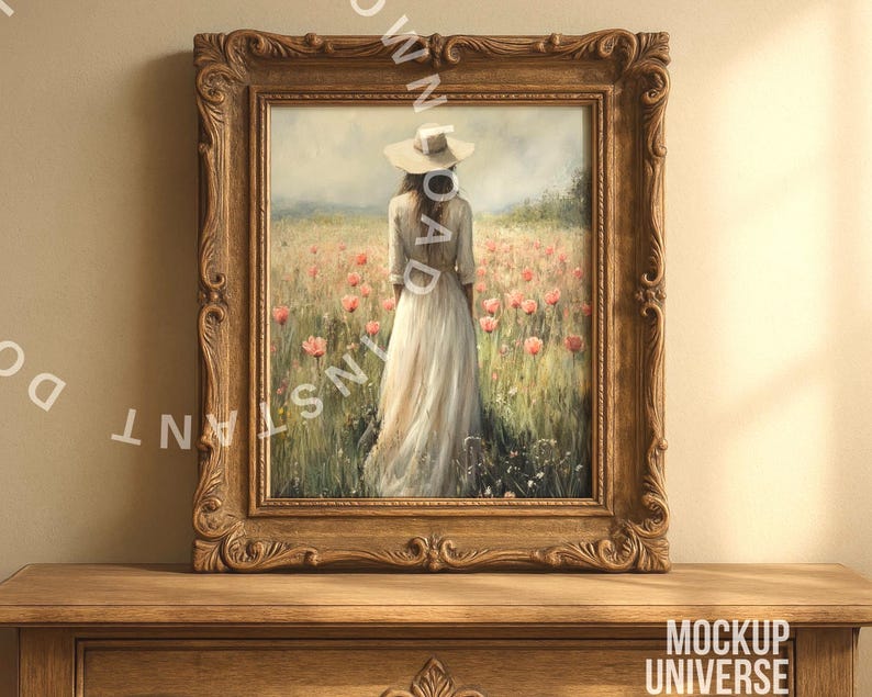May include: A framed painting of a woman in a white dress and hat, standing in a field of red flowers. The painting is set in a decorative, ornate, brown wooden frame. The frame is sitting on a wooden table.