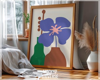 Bedroom Square Frame Mockup, Poster Mockup on the Floor, Wall Art Mockup Frame PSD, Digital Square Wood Frame Template for Art Print Poster