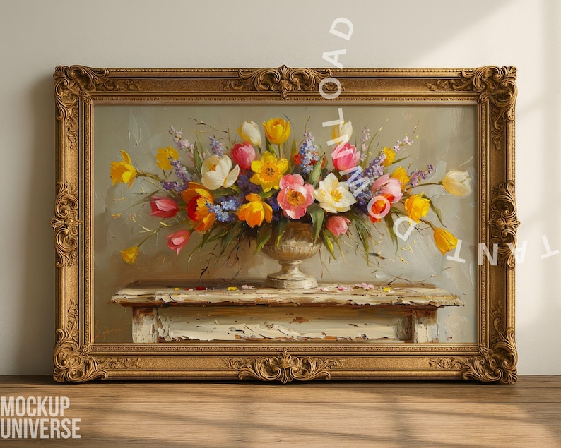 May include: A framed floral still life painting. The artwork features a vibrant bouquet of yellow, pink, and white flowers in a decorative vase. The painting is set on a distressed white table and framed in an ornate gold frame.
