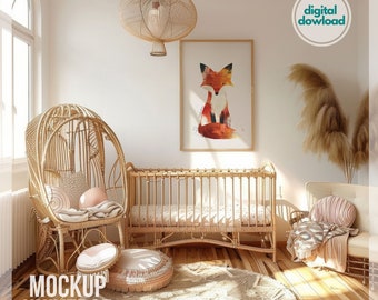 Boho Nursery Frame Mockup, Neutral Vertical Wall Art Mockup, Warm Tone Mockup Frame Natural Light, Baby Room Framed Canvas, Poster Mockup