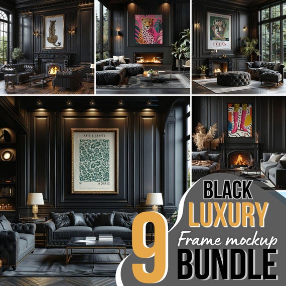 Classic Black Frame Mockup Bundle, Dark Wall Art Mockup, Luxury Poster Print Mockup, Modern Framed Canvas, Black Moody Interior Mockup PSD