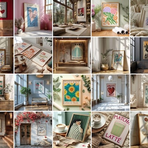 May include: Collection of framed art prints featuring various botanical, abstract, and figurative designs. The prints showcase a range of styles, including floral patterns, minimalist shapes, and illustrations with text. The color palettes vary, with some prints using vibrant colors and others employing a more muted aesthetic.