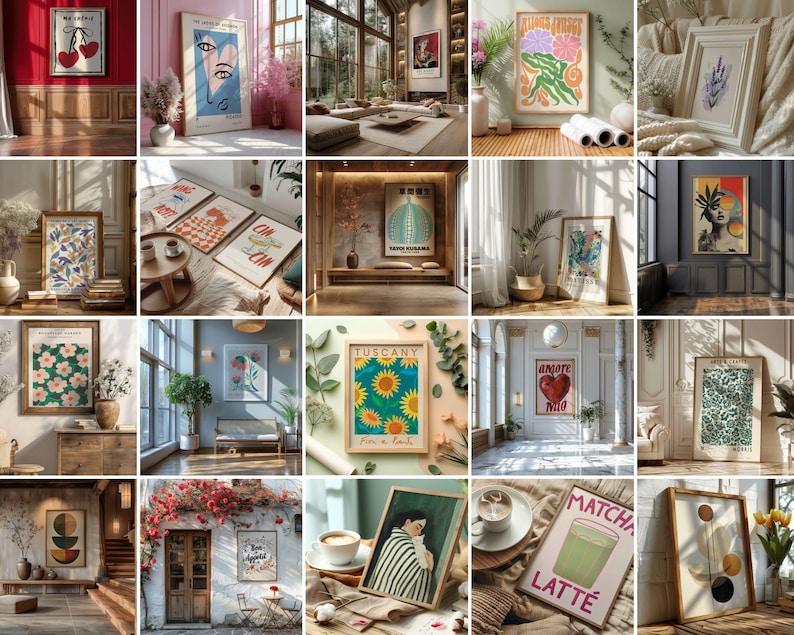May include: Collection of framed art prints featuring various botanical, abstract, and figurative designs. The prints showcase a range of styles, including floral patterns, minimalist shapes, and illustrations with text. The color palettes vary, with some prints using vibrant colors and others employing a more muted aesthetic.