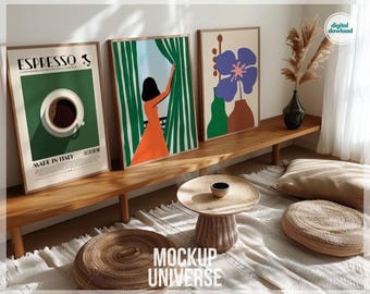 Gallery Wall Art Frame Mockup Set, Three Framed Canvas for Print Poster, Boho Wall Art Template, Picture Mockup, Painting Frame Template PSD