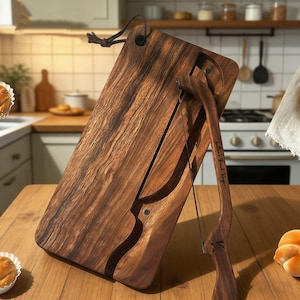 May include: A wooden bread board and bread knife set. The board is rectangular with a dark wood grain. The knife has a curved handle and a thin blade. The set is displayed on a wooden table in a kitchen setting, with a rope for hanging.