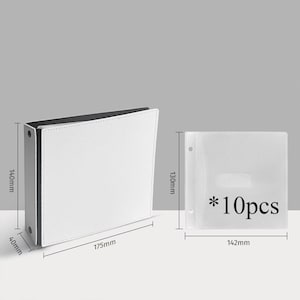May include: A white binder with a black spine measuring 175mm by 140mm by 40mm, accompanied by 10 clear plastic insert pages measuring 142mm by 130mm, each featuring two punched holes for binding and a central rectangular slot for card storage.