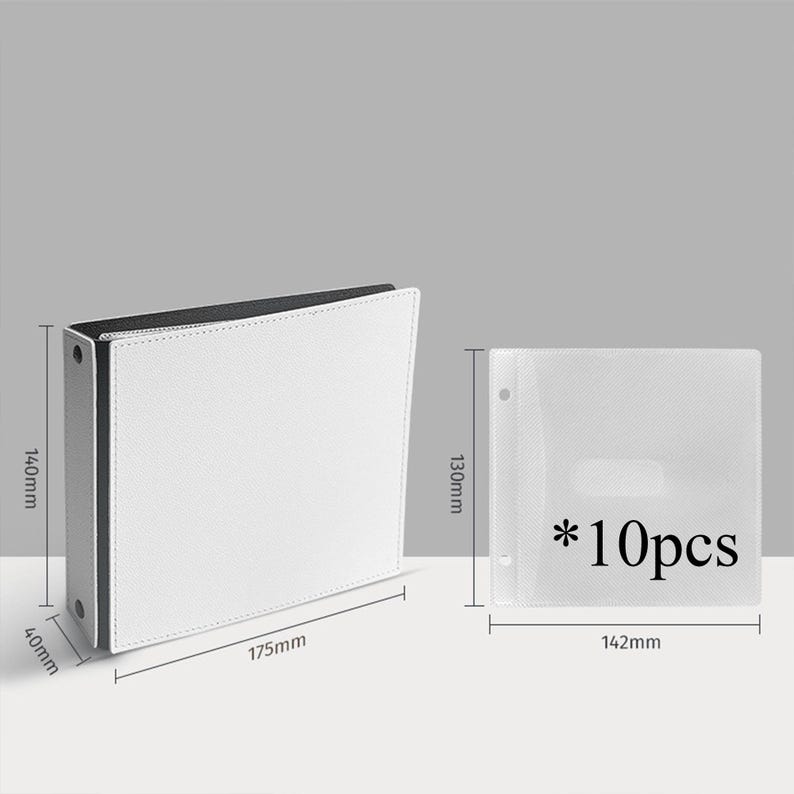 May include: A white binder with a black spine measuring 175mm by 140mm by 40mm, accompanied by 10 clear plastic insert pages measuring 142mm by 130mm, each featuring two punched holes for binding and a central rectangular slot for card storage.