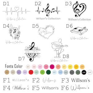 May include: A collection of eight black line art music-themed logos labeled D1 through D8, each featuring the text Willson's Collection. Below are twenty-five numbered colored circles for font selection and six distinct font styles labeled F1 to F6.
