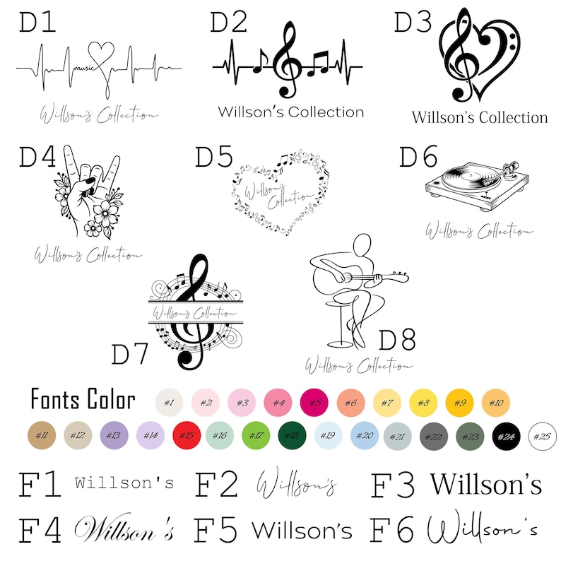 May include: A collection of eight black line art music-themed logos labeled D1 through D8, each featuring the text Willson's Collection. Below are twenty-five numbered colored circles for font selection and six distinct font styles labeled F1 to F6.