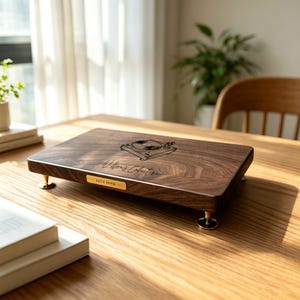 May include: A rectangular dark wood display stand with four small gold-toned metal feet. The top surface features a laser-engraved illustration of a turntable and the text "Willow's Collection". A small gold-toned metal plaque is attached to the front.