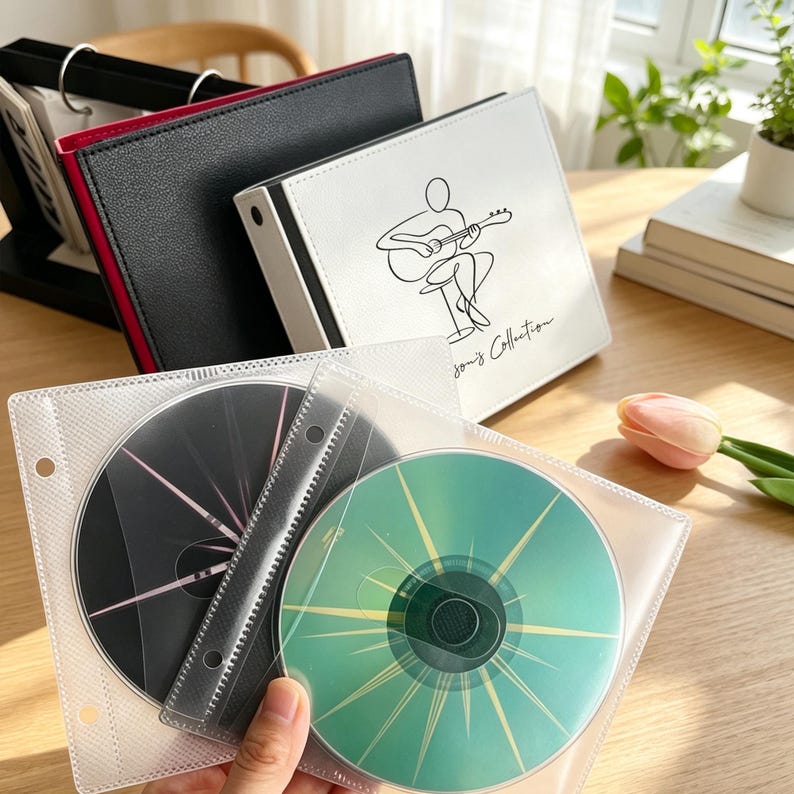 May include: A white binder with a black line drawing of a person playing guitar and the text Song Collection, accompanied by a black binder and two clear plastic sleeves containing a black disc with pink lines and a green disc with yellow lines.