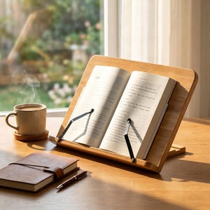 May include: A wooden book stand holds an open book with black page holders. A brown leather journal, pen, and a mug of coffee on a coaster sit on a wooden table. The background shows a window with a blurred outdoor view.