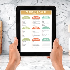 Puede incluir: Una tableta digital que muestra una lista de alimentos para la perimenopausia. La lista est&aacute; dividida en categor&iacute;as como frutas, verduras, cereales integrales, hierbas y especias, grasas saludables, prote&iacute;nas, productos l&aacute;cteos y alternativas, bebidas y notas. La tableta est&aacute; siendo sostenida por las manos de una persona.