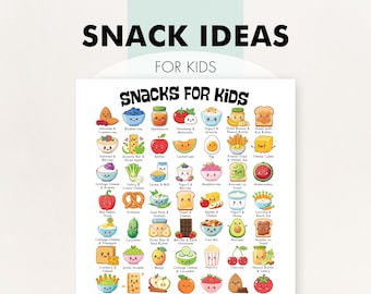 Puede incluir: Un póster blanco con el texto "SNACK IDEAS FOR KIDS" en la parte superior y "SNACKS FOR KIDS" en el centro. El póster presenta ilustraciones coloridas de varias opciones de bocadillos, incluyendo frutas, verduras y otras golosinas.