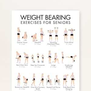 May include: A white poster with the text "WEIGHT BEARING EXERCISES FOR SENIORS" at the top. The poster features illustrations of various weightlifting exercises, including Goblet Squat, Deadlift, and Front Raise, with the number of reps listed below each.