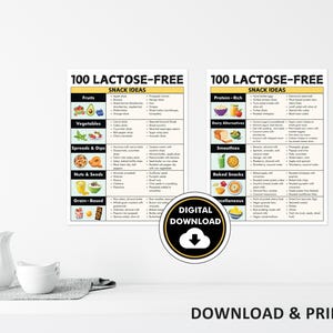 Puede incluir: Dos carteles digitales imprimibles para descargar con fondo amarillo y texto negro. Los carteles enumeran 100 ideas de aperitivos sin lactosa, clasificados por tipo de alimento, como frutas, verduras, untables y salsas, frutos secos y semillas, cereales, ricos en prote&iacute;nas, batidos, aperitivos horneados y otros.