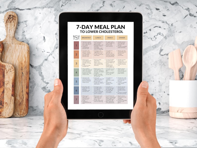 Op de afbeelding: Een tablet met een 7-daags maaltijdplan om cholesterol te verlagen. Het plan is georganiseerd per dag en maaltijd, met kolommen voor ontbijt, lunch, snack en diner. De tablet wordt door twee handen vastgehouden.