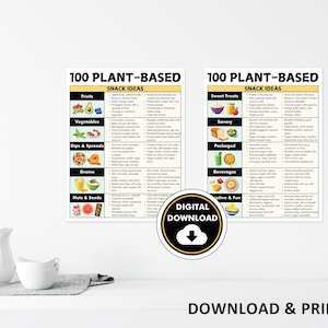 May include: Two printable posters with the title "100 Plant-Based Snack Ideas". The posters are yellow and black with a white background. The left poster lists fruits, vegetables, dips and spreads, grains, and nuts and seeds. The right poster lists sweet treats, savory, packaged, beverages, and creative and fun snack ideas. The posters are digital downloads.