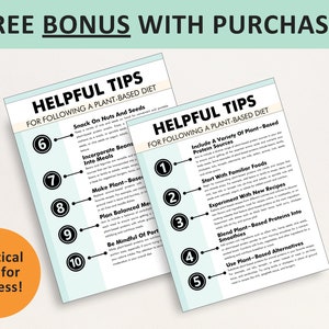 May include: Two informational sheets with the title "Helpful Tips for Following a Plant-Based Diet" are displayed. The sheets contain numbered tips and the text "FREE BONUS WITH PURCHASE!" is at the top. A circular orange graphic reads "Practical Tips for Success!"