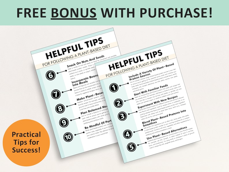 May include: Two informational sheets with the title "Helpful Tips for Following a Plant-Based Diet" are displayed. The sheets contain numbered tips and the text "FREE BONUS WITH PURCHASE!" is at the top. A circular orange graphic reads "Practical Tips for Success!"