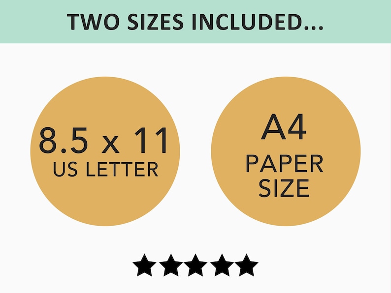May include: Image features text "TWO SIZES INCLUDED..." above two tan circles. The left circle says "8.5 x 11 US LETTER" and the right circle says "A4 PAPER SIZE". Below are five black stars.