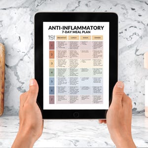 May include: A tablet displays an "ANTI-INFLAMMATORY 7-DAY MEAL PLAN". The plan is organized in a grid with breakfast, lunch, snack, and dinner columns. The tablet is held by hands, with a marble countertop and kitchen utensils in the background.