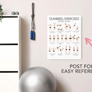 Puede incluir: Un p&oacute;ster blanco con el texto "Dumbbell Exercises Upper Body" muestra varios ejercicios con mancuernas. El p&oacute;ster est&aacute; en una pared rosa claro, junto a un armario blanco, una cuerda para saltar y una pelota de fitness. Tambi&eacute;n es visible el texto "Post for Easy Reference".