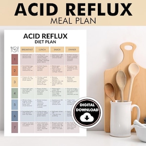 May include: A printable acid reflux diet plan with a seven-day meal plan, including breakfast, lunch, snack, and dinner options. The image also features a wooden cutting board, spoons, a white mug, and a mortar and pestle.
