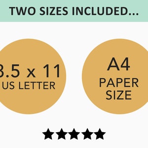 May include: Image features text "TWO SIZES INCLUDED..." above two tan circles. The left circle says "8.5 x 11 US LETTER" and the right circle says "A4 PAPER SIZE". Below are five black stars.