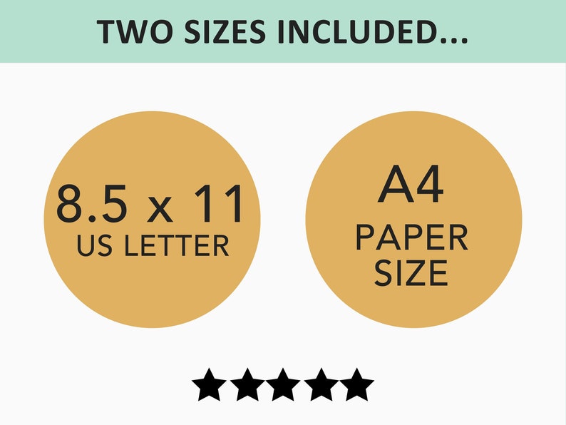 May include: Image features text "TWO SIZES INCLUDED..." above two tan circles. The left circle says "8.5 x 11 US LETTER" and the right circle says "A4 PAPER SIZE". Below are five black stars.