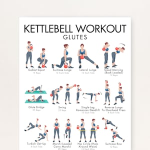 Peut inclure: Une affiche pédagogique blanche intitulée KETTLEBELL WORKOUT GLUTES présentant douze illustrations d'une personne en tenue de sport bleue effectuant divers exercices avec un kettlebell rouge, incluant squats, fentes et soulevés de terre.