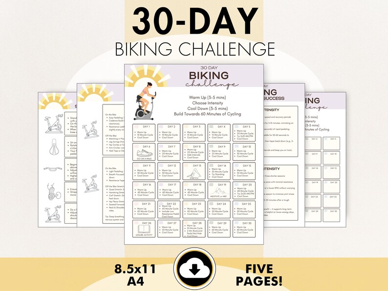 May include: A 30-Day Biking Challenge printable, featuring a workout plan with warm-up, intensity, and cool-down instructions. The design includes a cyclist graphic and a calendar layout. The pages are 8.5x11 inches.