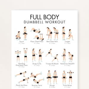 Op de afbeelding: Een witte poster met de tekst "FULL BODY DUMBBELL WORKOUT" en illustraties van oefeningen met dumbbells. De poster toont squats, lunges en bicep curls, met het aantal herhalingen. Ontworpen voor fitnessliefhebbers.