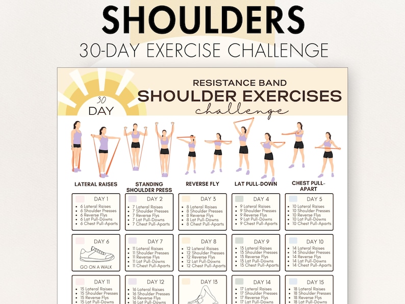 May include: A beige 30-day shoulder exercise challenge chart with illustrations of exercises using resistance bands. The chart includes exercises like lateral raises, shoulder presses, and reverse flys. The title reads "SHOULDERS 30-DAY EXERCISE CHALLENGE."