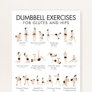 Op de afbeelding: Een witte poster met de titel "DUMBBELL EXERCISES FOR GLUTES AND HIPS" toont illustraties van diverse dumbbell oefeningen, waaronder Deadlift en Lunges. Elke oefening is voorzien van het aantal herhalingen.