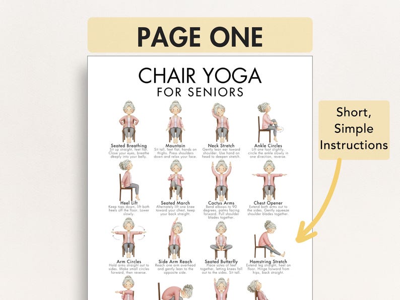 May include: A poster titled "Chair Yoga for Seniors" with illustrations of yoga poses. The poster includes the text "Page One" at the top and "Short, Simple Instructions" in a yellow box.