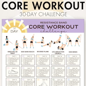 May include: A 30-day core workout challenge chart with exercises like kneeling ab twist, side band reach, and reverse plank. The chart includes illustrations of each exercise and a daily breakdown.
