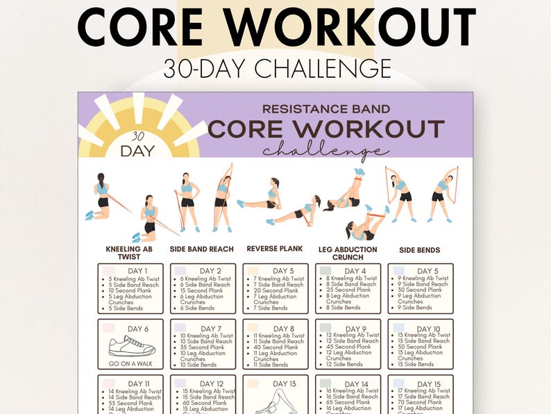 May include: A 30-day core workout challenge chart with exercises like kneeling ab twist, side band reach, and reverse plank. The chart includes illustrations of each exercise and a daily breakdown.