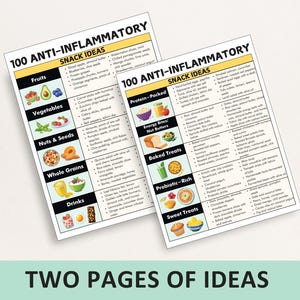 May include: Two pages of printable snack ideas for an anti-inflammatory diet. The pages are divided into categories like fruits, vegetables, nuts & seeds, whole grains, drinks, protein-packed, energy bites/nut butters, baked treats, probiotic-rich, and sweet treats. Each category has a list of snack ideas with colorful illustrations.