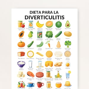 Puede incluir: Un póster con el título "DIETA PARA LA DIVERTICULITIS" en texto negro. El póster presenta ilustraciones de varios alimentos, incluyendo frutas, verduras, lácteos y granos, cada uno etiquetado en español. El póster está diseñado para proporcionar orientación dietética.
