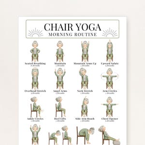 Puede incluir: Un póster blanco con el texto "CHAIR YOGA MORNING ROUTINE" e ilustraciones de posturas de yoga en silla. Las posturas incluyen Seated Breathing, Mountain, Mountain Arms Up y Upward Salute. El póster es para yoga en silla.