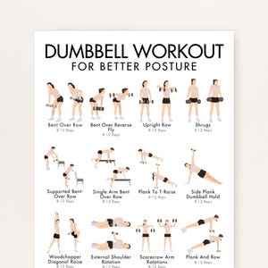 May include: A white poster with the title "Dumbbell Workout for Better Posture" features illustrations of various dumbbell exercises. The exercises include Bent Over Row, Upright Row, and Plank to T-Raise, with instructions for 8-12 reps.