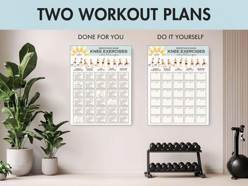 May include: Two workout plans are displayed, one labeled "Done For You" and the other "Do It Yourself." Each plan is a "Knee Exercises Challenge" with illustrations of exercises. The text "TWO WORKOUT PLANS" is at the top.
