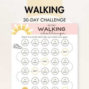 Desafío de caminata de 30 días, PDF imprimible, rastreador de actividad física de caminata en tamaños 8.5x11 y A4, ¡descarga instantánea!