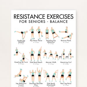May include: A white poster with the text "RESISTANCE EXERCISES FOR SENIORS - BALANCE" at the top. The poster features illustrations of various exercises, including Single-Leg Deadlift, Hip Flexor Raise, and Reverse Plank. Each exercise is labeled with its name and the recommended repetitions.