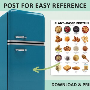 May include: A teal retro refrigerator with silver handles and trim. To the right, a poster illustrates plant-based protein sources, including soybeans, kidney beans, black beans, and almonds. The poster includes the text "Plant-Based Protein" and "Download & Print."