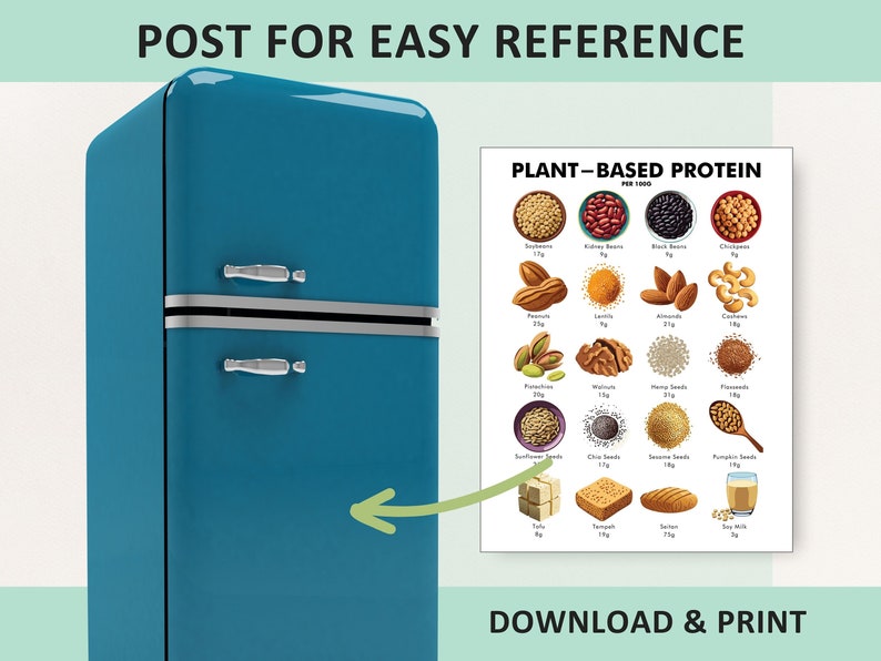 May include: A teal retro refrigerator with silver handles and trim. To the right, a poster illustrates plant-based protein sources, including soybeans, kidney beans, black beans, and almonds. The poster includes the text "Plant-Based Protein" and "Download & Print."
