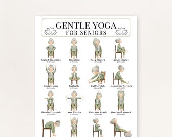 Ejercicios sentados para personas mayores, yoga suave para personas mayores (sentado), yoga en silla para adultos mayores, PDF imprimible, descarga en cuatro tamaños