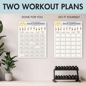 以下が含まれることがあります： 「Done For You」と「Do It Yourself」と書かれた2つのワークアウトプランが表示されています。各プランは、太陽のグラフィックが付いた「Resistance Band Back Exercises Challenge」です。黒いダンベルラックとエクササイズバイクが背景にあります。